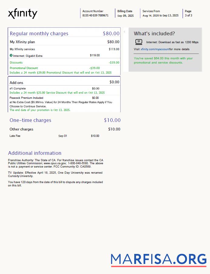 Printable USA Xfinity utility bill template in Word and PDF formats, 3 pages, version 3, 3rd page